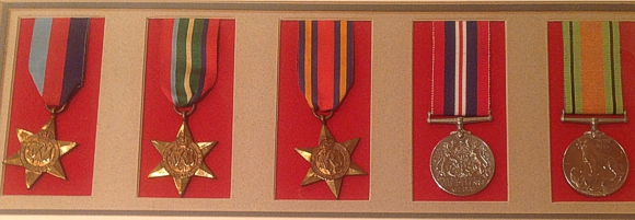 Dads medals left to right 1939-1945 star   Pacific Star.  Burma Star. Defence medal 1939- 1945 service medal-tn